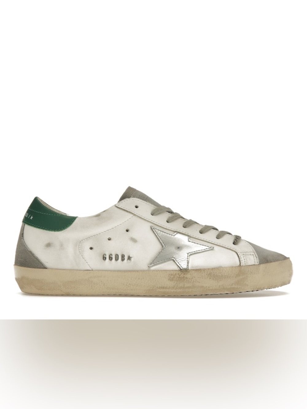 Golden Goose White Leather Sneakers with Green Heel and Silver Star Accent